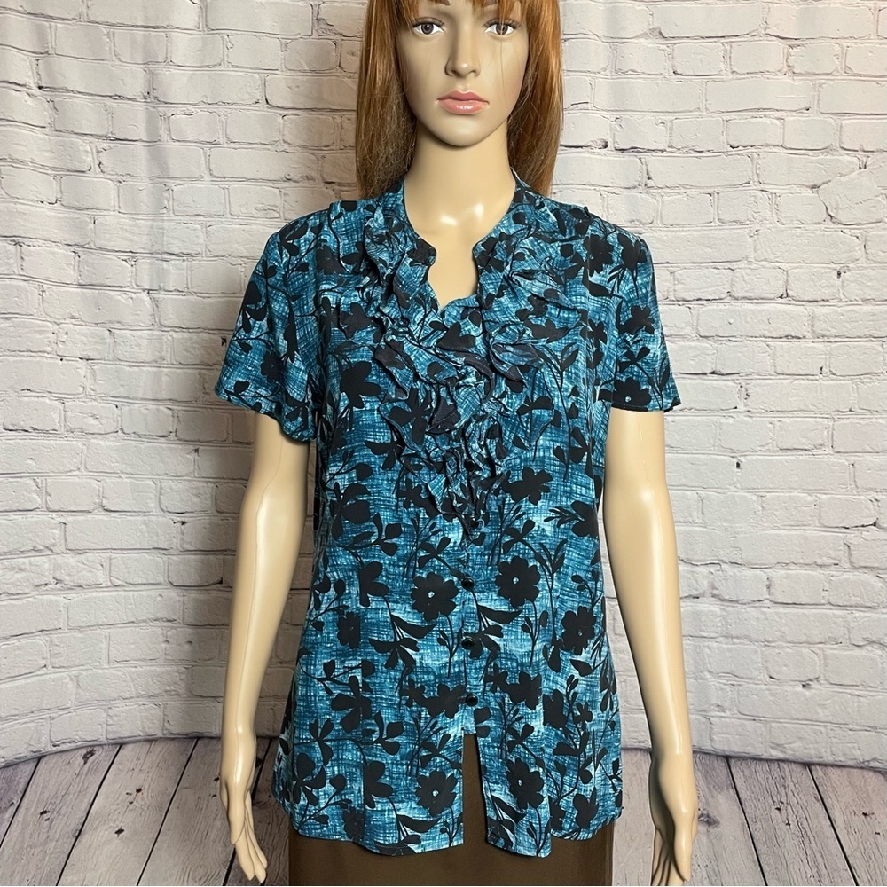 Pendleton Silk Blue Black Floral Short Sleeve Blouse Size 10